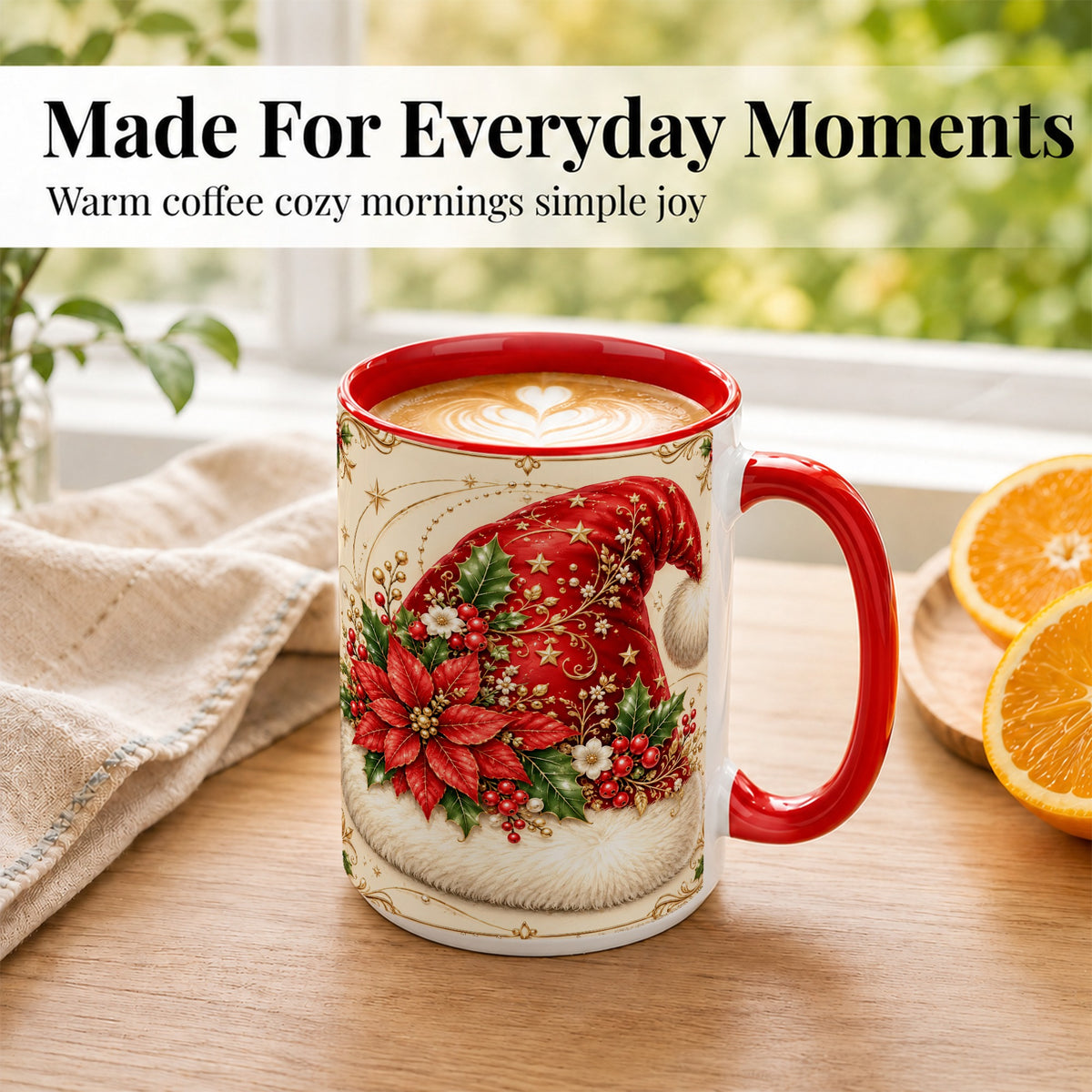 #pl[15oz|Red] Santa Hat Coffee Mug, Christmas Poinsettia Floral Mug, Ceramic Cup