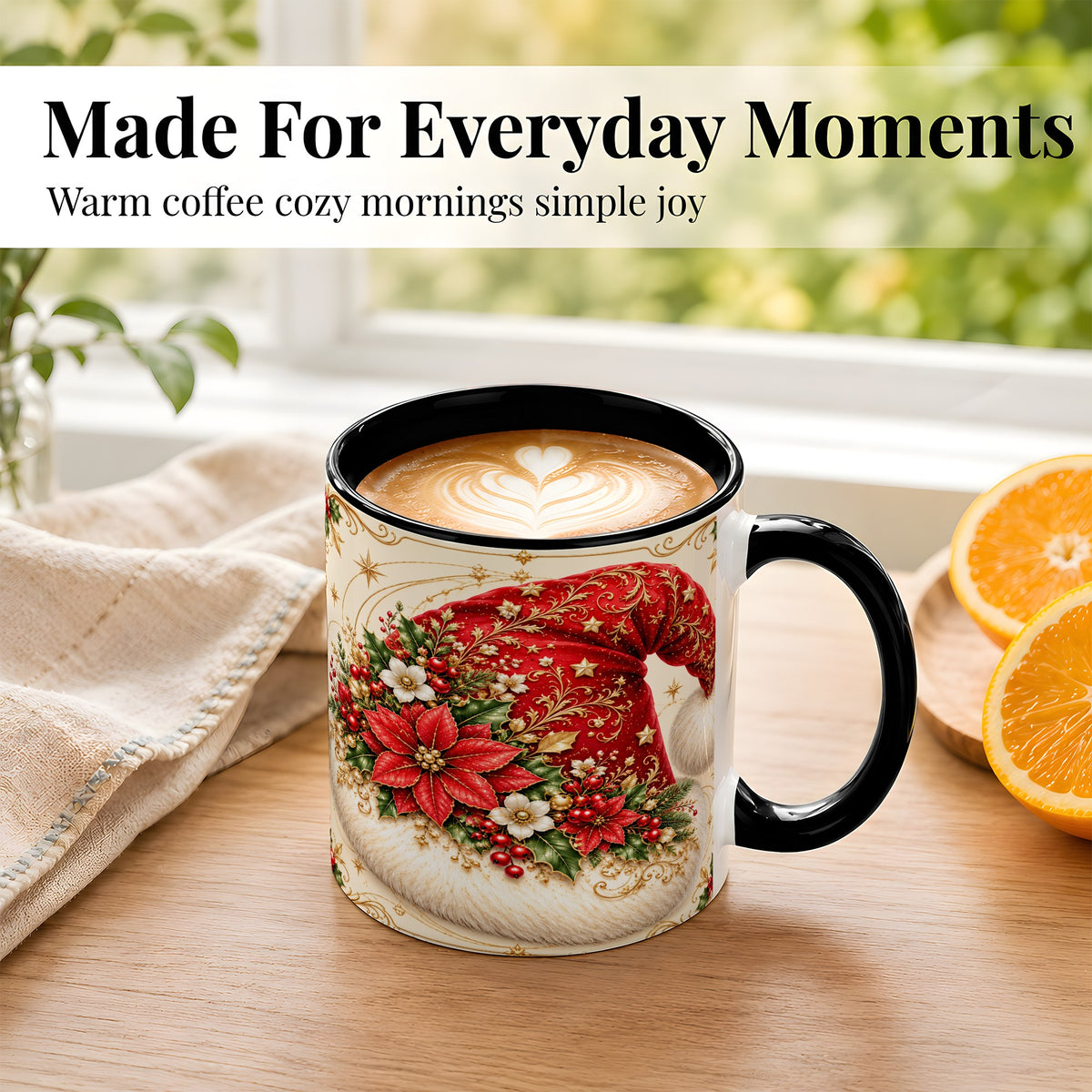 #pl[11oz|Black] Ornate Santa Hat Coffee Mug, Christmas Floral Holiday Mug, Ceramic Cup