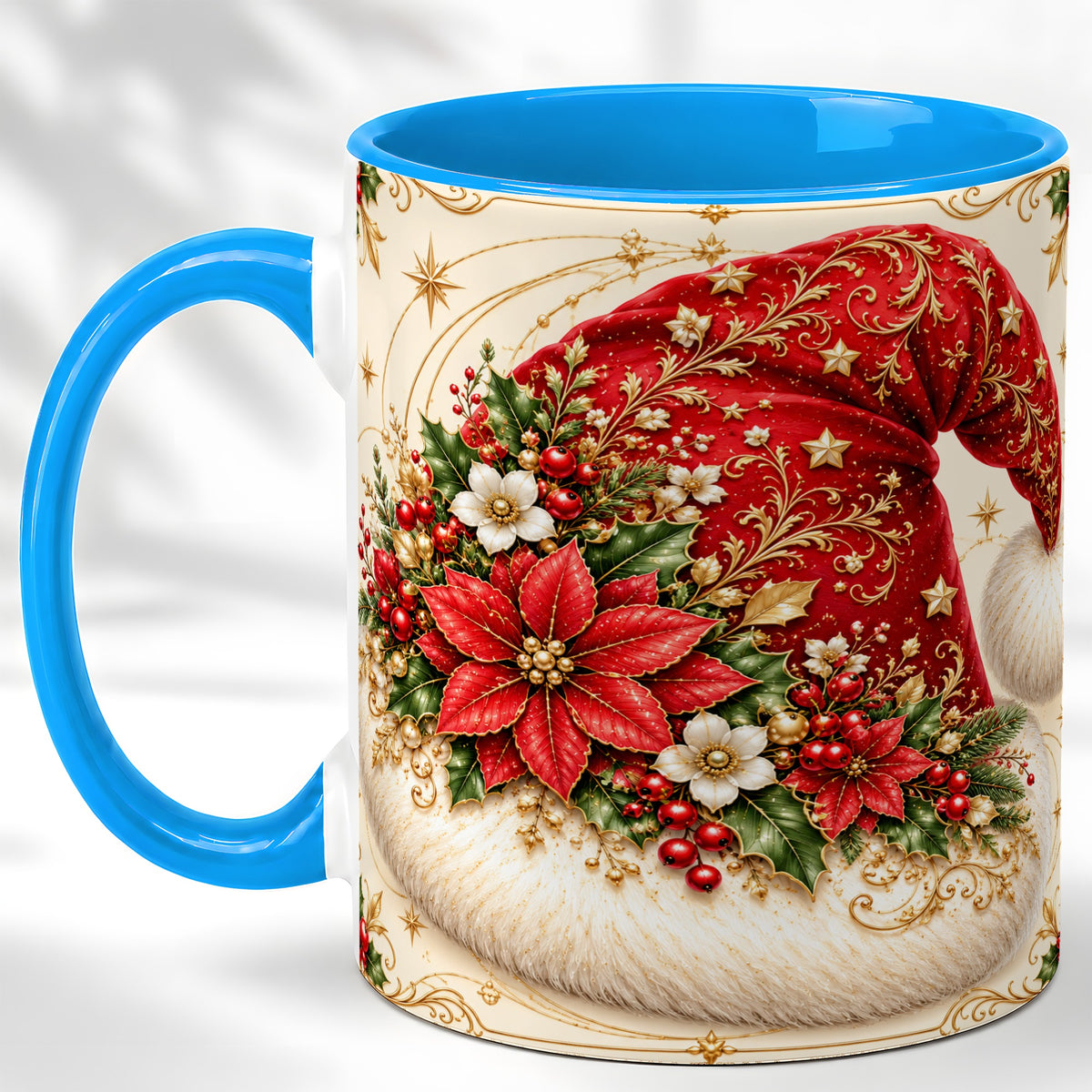 #pl[11oz|Blue] Ornate Santa Hat Coffee Mug, Christmas Floral Holiday Mug, Ceramic Cup