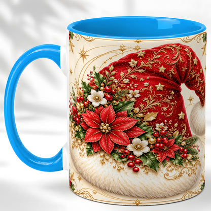 #pl[11oz|Blue] Ornate Santa Hat Coffee Mug, Christmas Floral Holiday Mug, Ceramic Cup