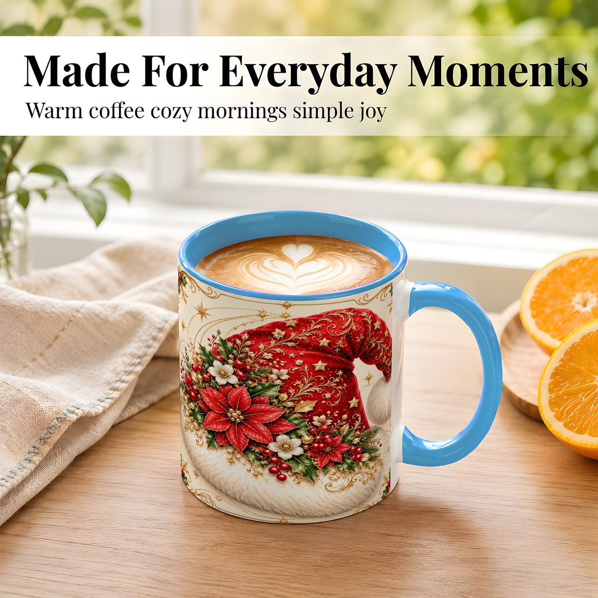 #pl[11oz|Blue] Ornate Santa Hat Coffee Mug, Christmas Floral Holiday Mug, Ceramic Cup