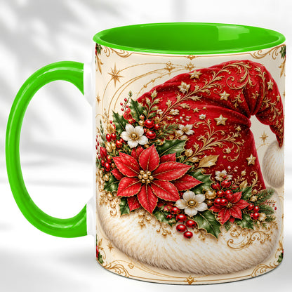#pl[11oz|Green] Ornate Santa Hat Coffee Mug, Christmas Floral Holiday Mug, Ceramic Cup