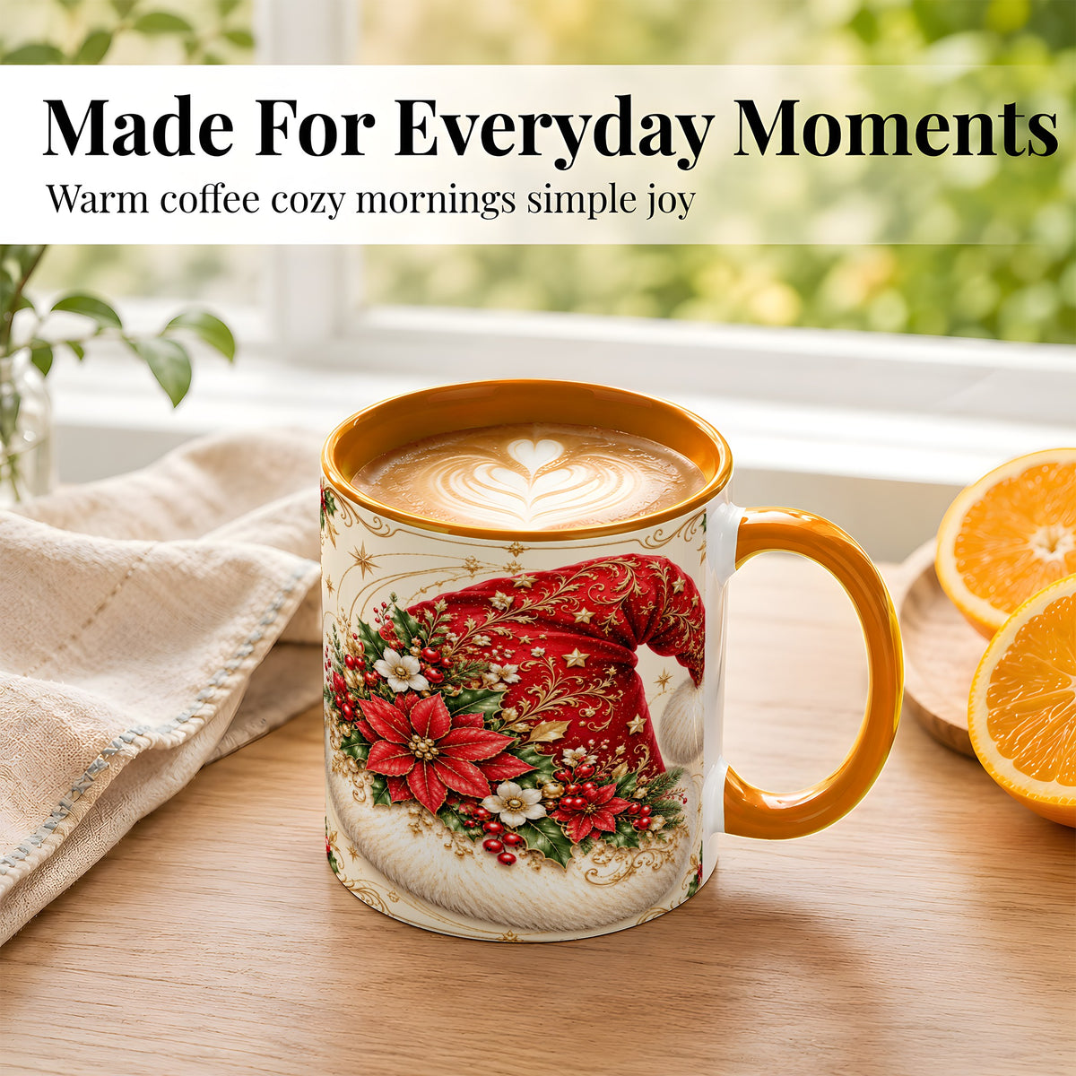 #pl[11oz|Orange] Ornate Santa Hat Coffee Mug, Christmas Floral Holiday Mug, Ceramic Cup