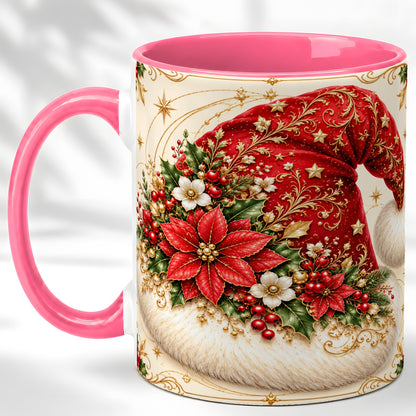 #pl[11oz|Pink] Ornate Santa Hat Coffee Mug, Christmas Floral Holiday Mug, Ceramic Cup