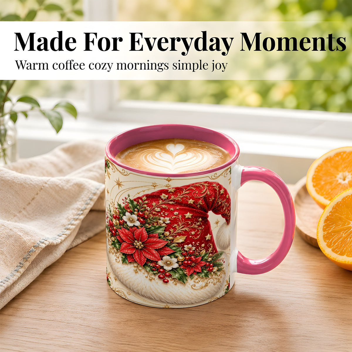 #pl[11oz|Pink] Ornate Santa Hat Coffee Mug, Christmas Floral Holiday Mug, Ceramic Cup