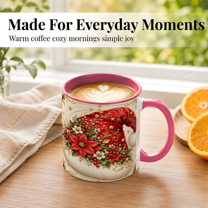 #pl[11oz|Pink] Ornate Santa Hat Coffee Mug, Christmas Floral Holiday Mug, Ceramic Cup