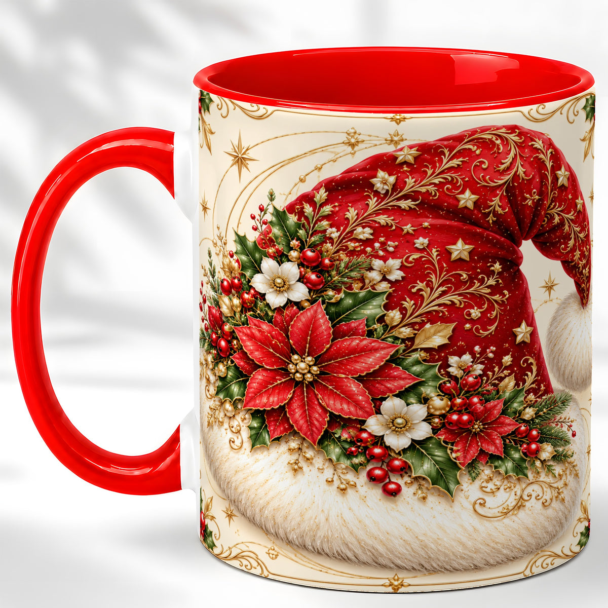 Ornate Santa Hat Coffee Mug, Christmas Floral Holiday Mug, Ceramic Cup