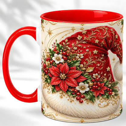 Ornate Santa Hat Coffee Mug, Christmas Floral Holiday Mug, Ceramic Cup