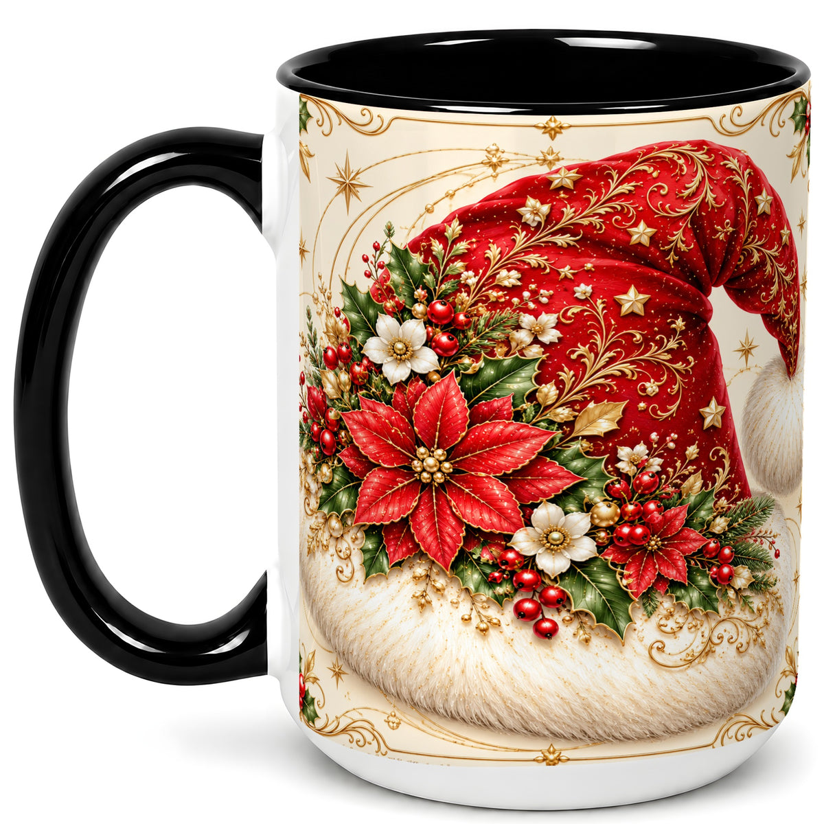 #pl[15oz|Black] Ornate Santa Hat Coffee Mug, Christmas Floral Holiday Mug, Ceramic Cup
