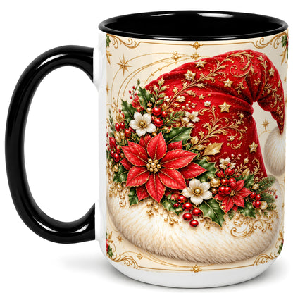 #pl[15oz|Black] Ornate Santa Hat Coffee Mug, Christmas Floral Holiday Mug, Ceramic Cup