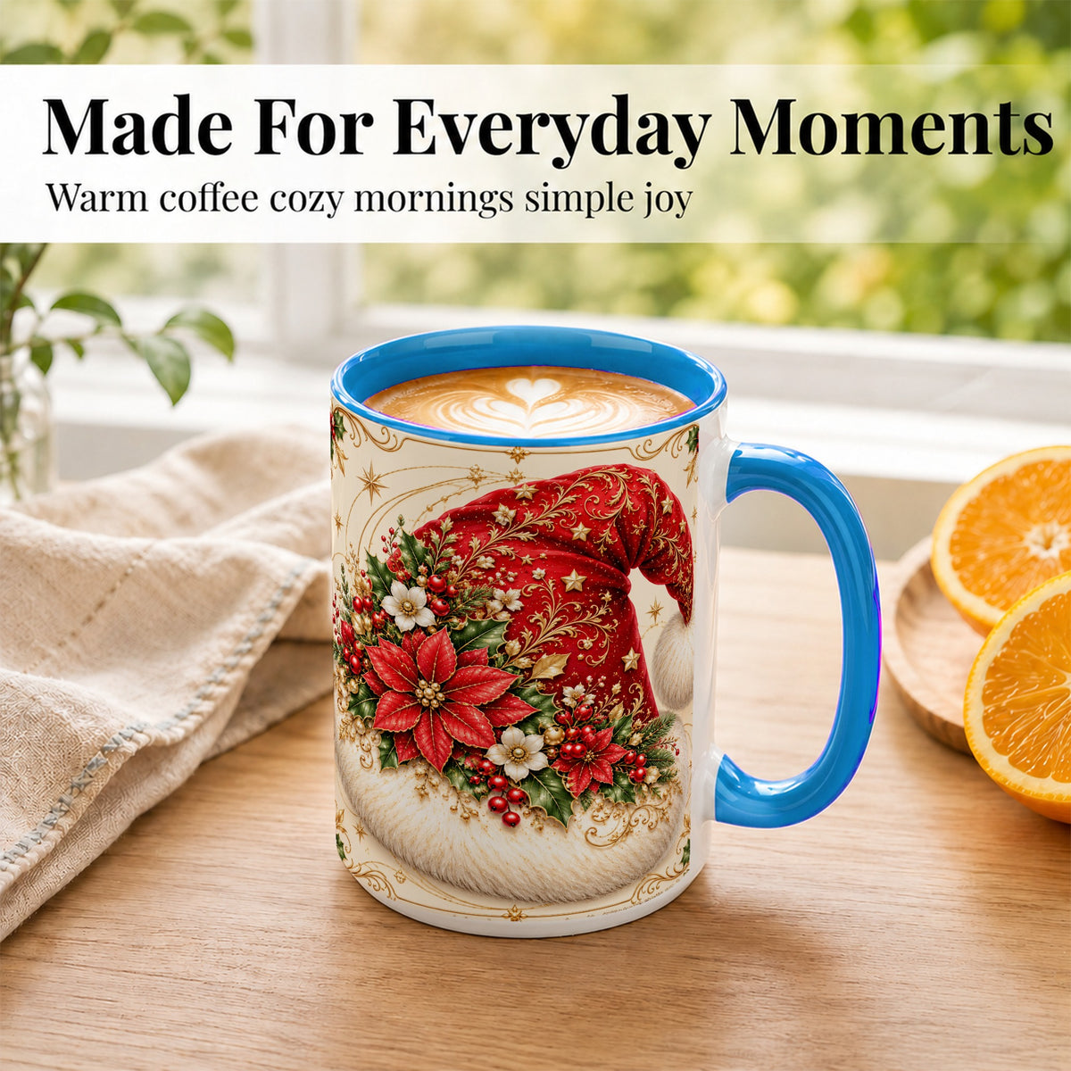 #pl[15oz|Blue] Ornate Santa Hat Coffee Mug, Christmas Floral Holiday Mug, Ceramic Cup