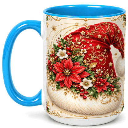 #pl[15oz|Blue] Ornate Santa Hat Coffee Mug, Christmas Floral Holiday Mug, Ceramic Cup