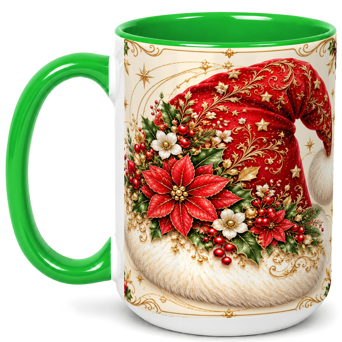 #pl[15oz|Green] Ornate Santa Hat Coffee Mug, Christmas Floral Holiday Mug, Ceramic Cup