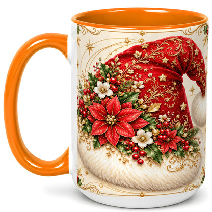 #pl[15oz|Orange] Ornate Santa Hat Coffee Mug, Christmas Floral Holiday Mug, Ceramic Cup