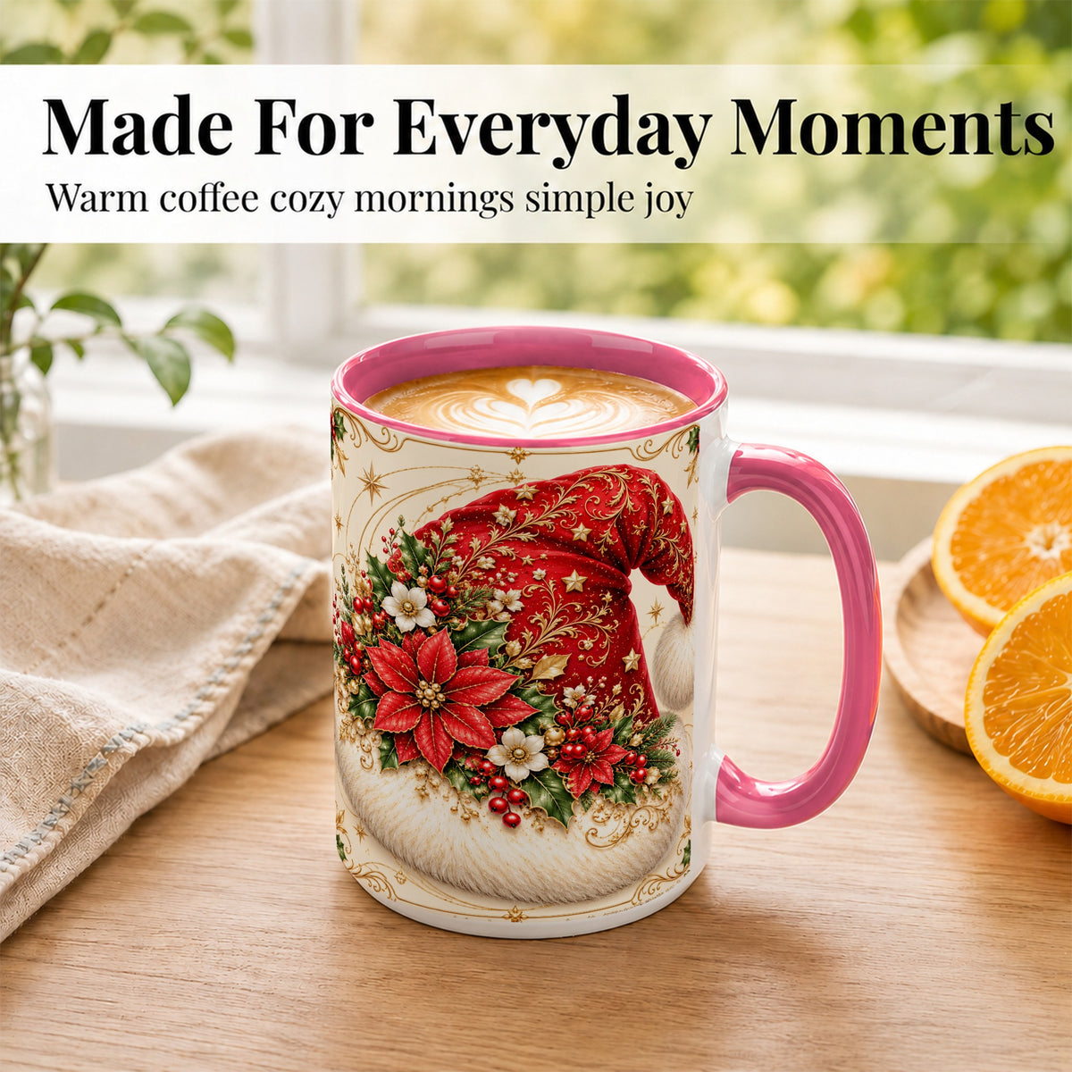 #pl[15oz|Pink] Ornate Santa Hat Coffee Mug, Christmas Floral Holiday Mug, Ceramic Cup