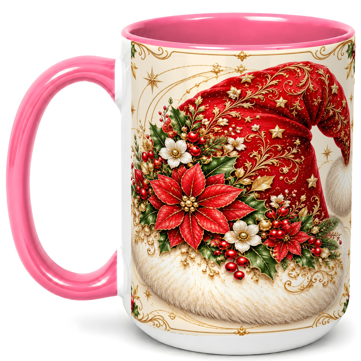 #pl[15oz|Pink] Ornate Santa Hat Coffee Mug, Christmas Floral Holiday Mug, Ceramic Cup