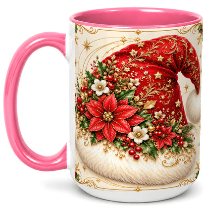 #pl[15oz|Pink] Ornate Santa Hat Coffee Mug, Christmas Floral Holiday Mug, Ceramic Cup