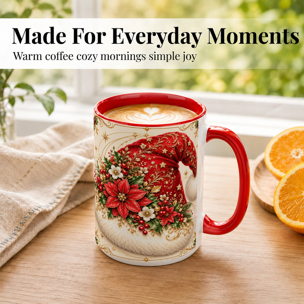 #pl[15oz|Red] Ornate Santa Hat Coffee Mug, Christmas Floral Holiday Mug, Ceramic Cup