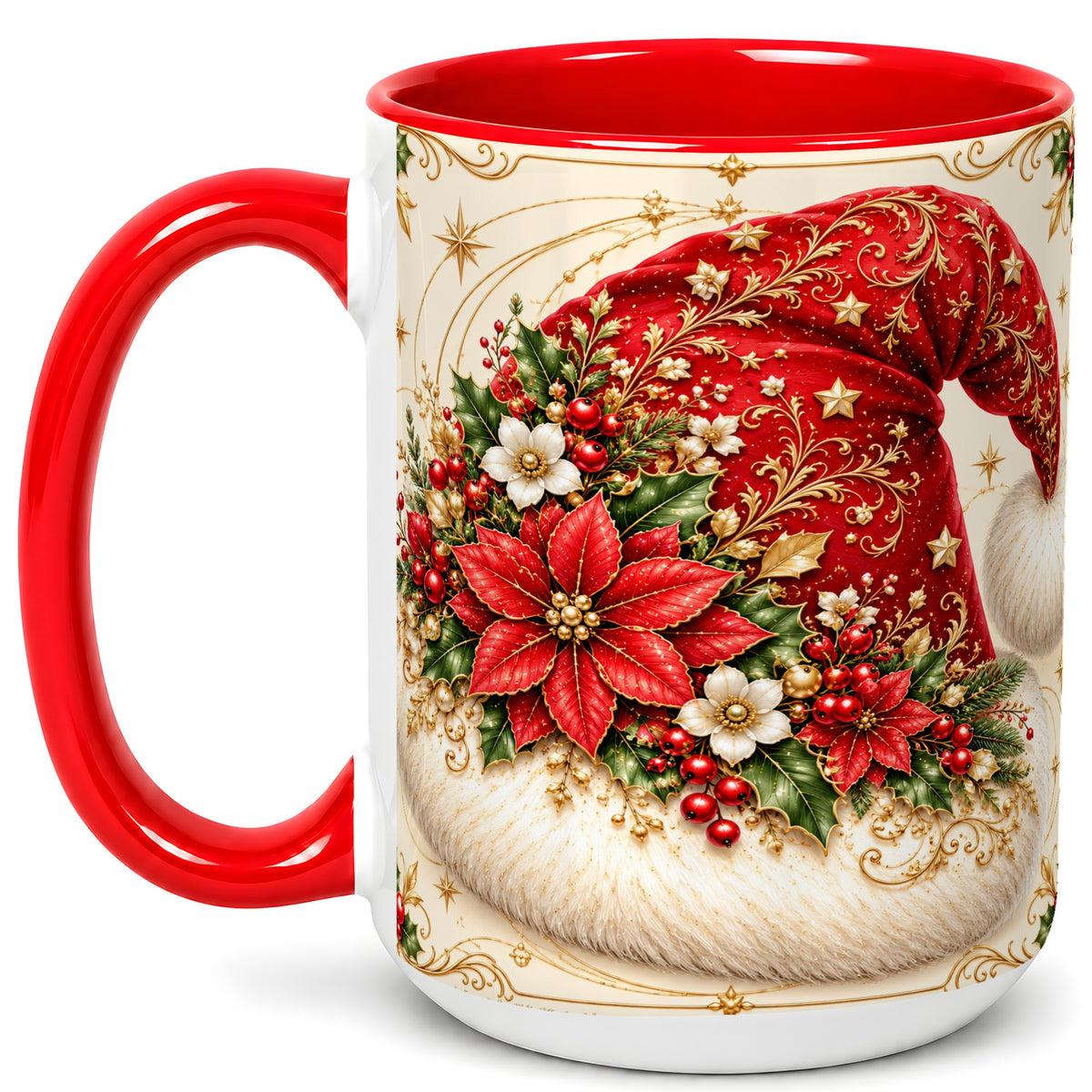 #pl[15oz|Red] Ornate Santa Hat Coffee Mug, Christmas Floral Holiday Mug, Ceramic Cup