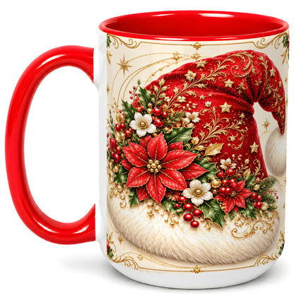 #pl[15oz|Red] Ornate Santa Hat Coffee Mug, Christmas Floral Holiday Mug, Ceramic Cup
