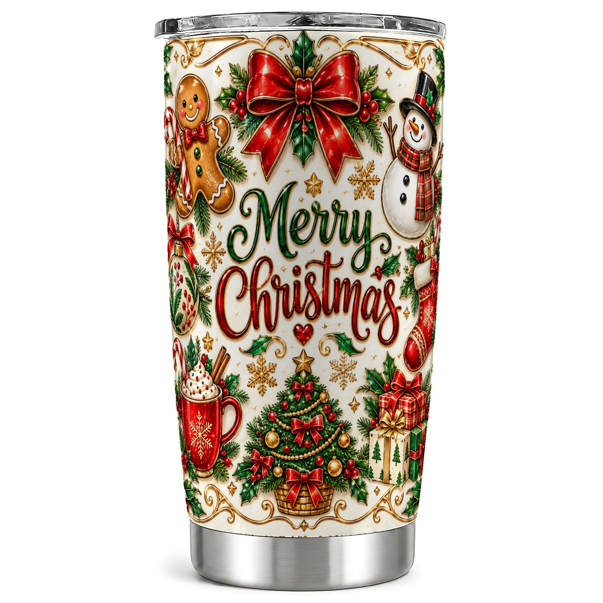 Ornate Christmas Tumbler 20oz, Festive Stainless Steel Travel Cup