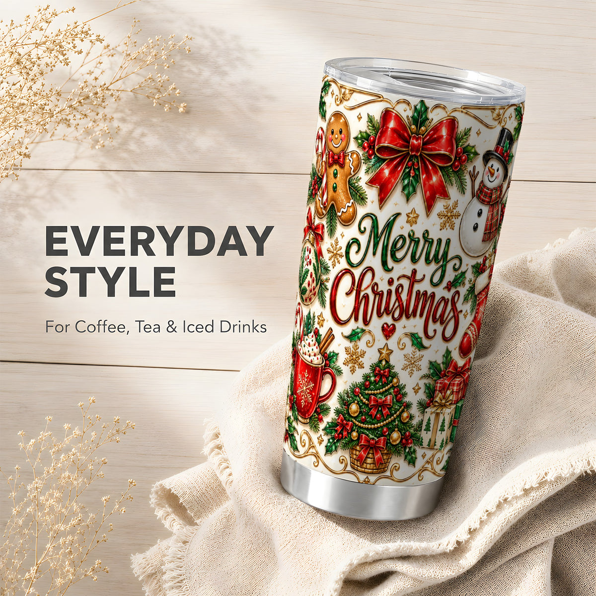 Ornate Christmas Tumbler 20oz, Festive Stainless Steel Travel Cup