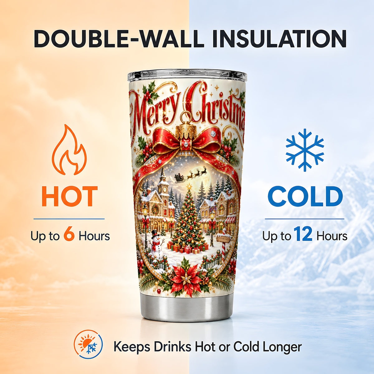 Christmas Village Tumbler 20oz, Snowy Stainless Steel Travel Cup