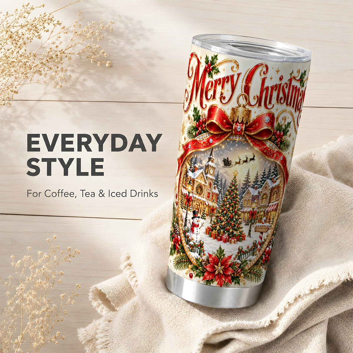 Christmas Village Tumbler 20oz, Snowy Stainless Steel Travel Cup
