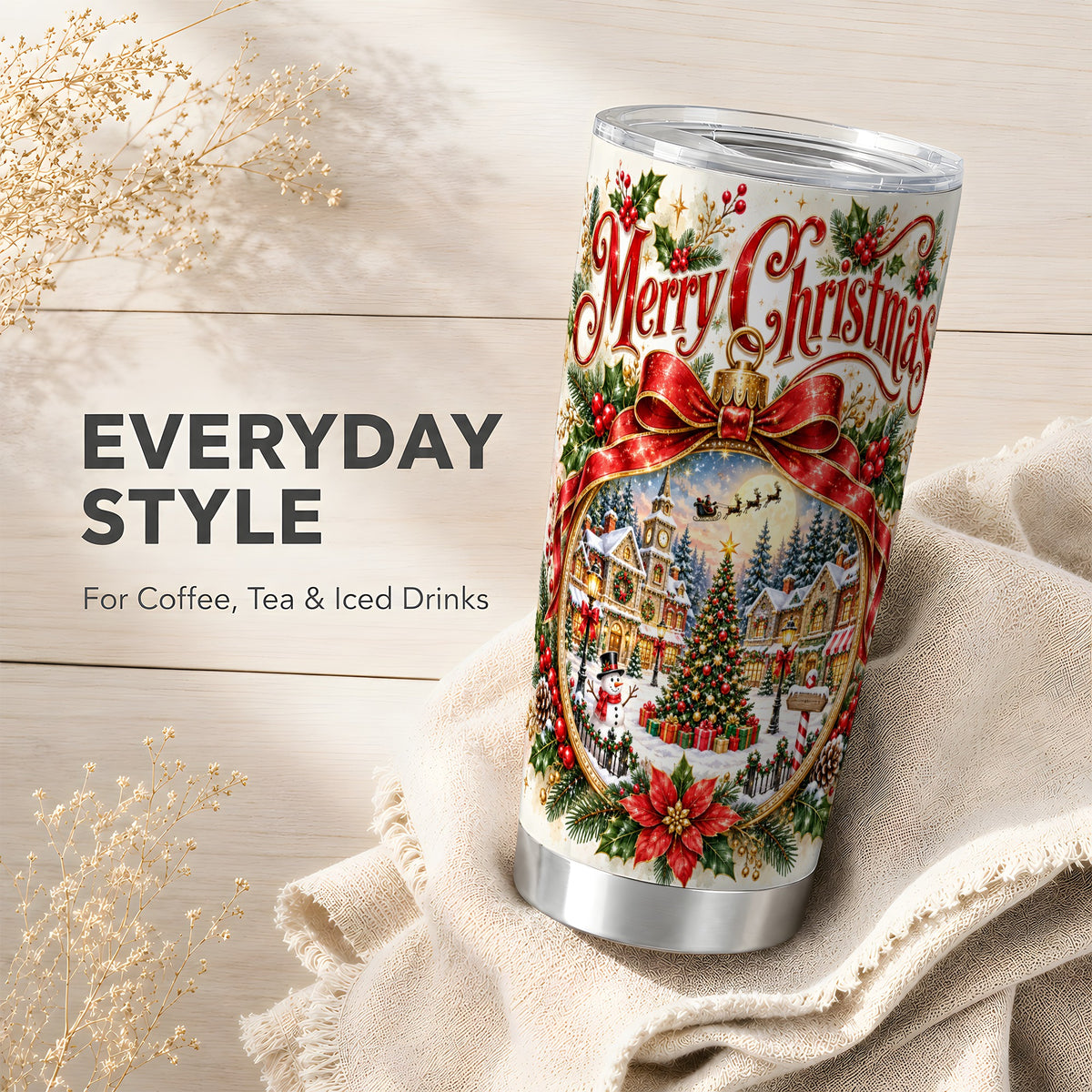 Botanical Christmas Tumbler 20oz, Winter Stainless Steel Travel Cup