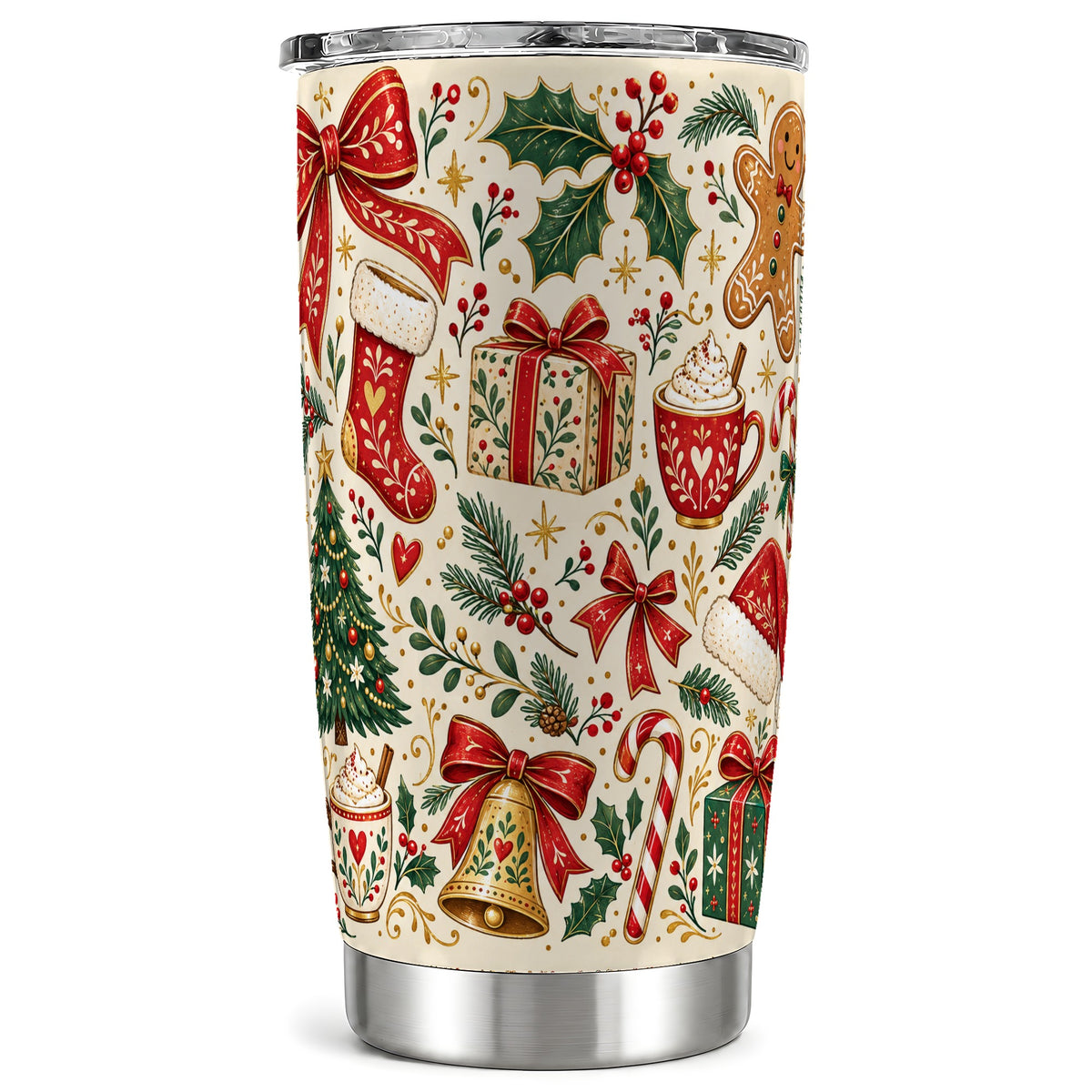 Christmas Folk Art Tumbler 20oz, Holiday Stainless Steel Travel Cup