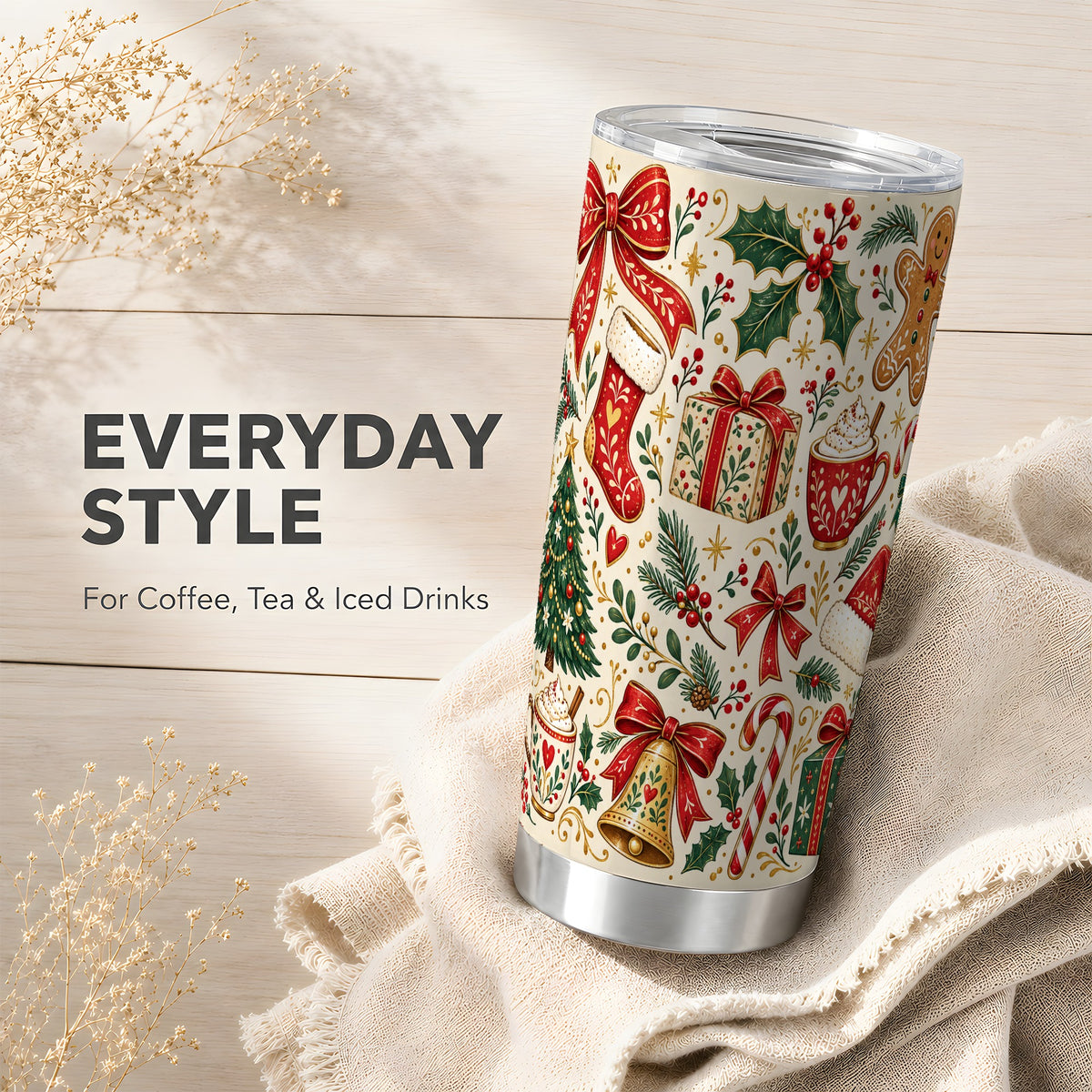 Christmas Folk Art Tumbler 20oz, Holiday Stainless Steel Travel Cup