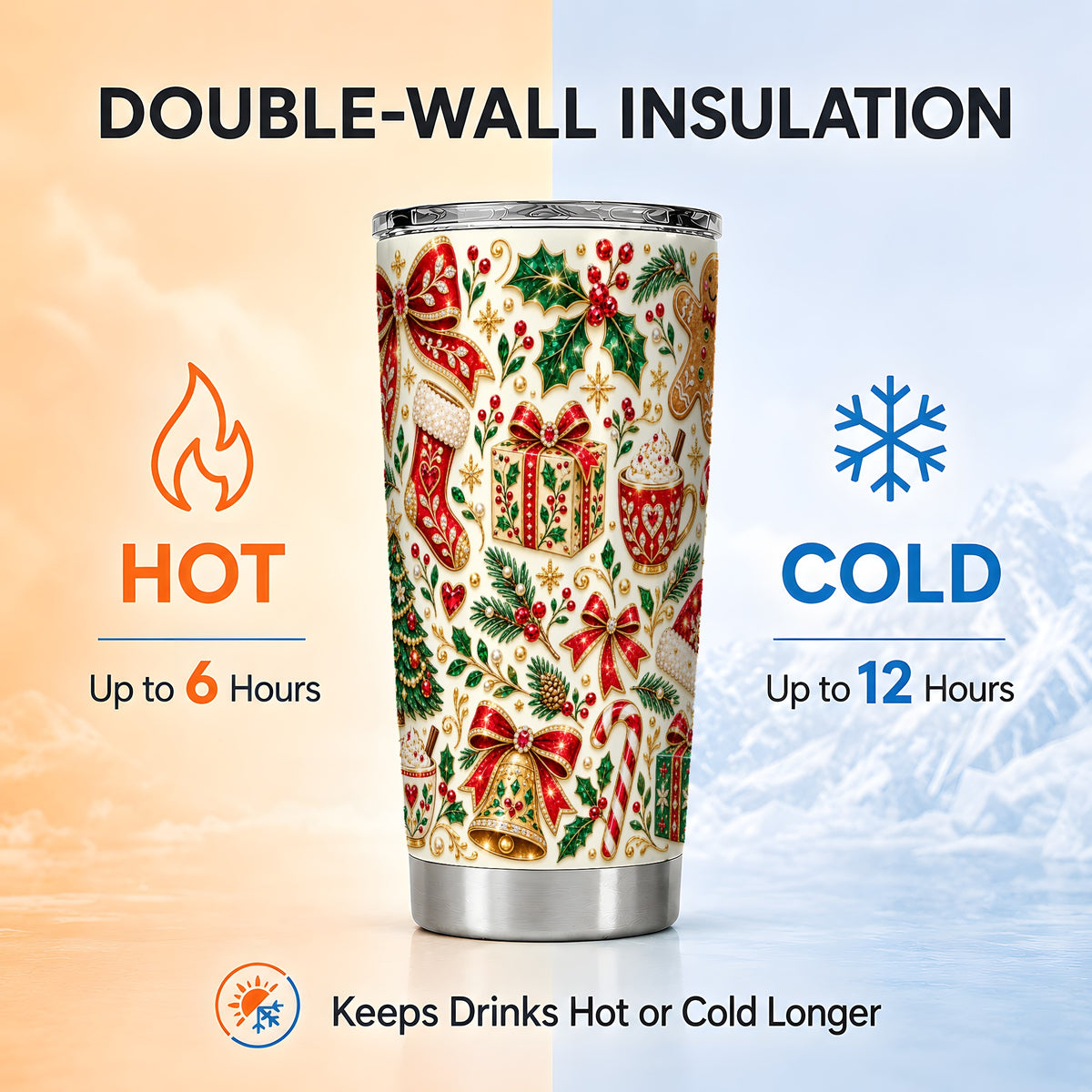 Jeweled Christmas Tumbler 20oz, Holiday Stainless Steel Travel Cup