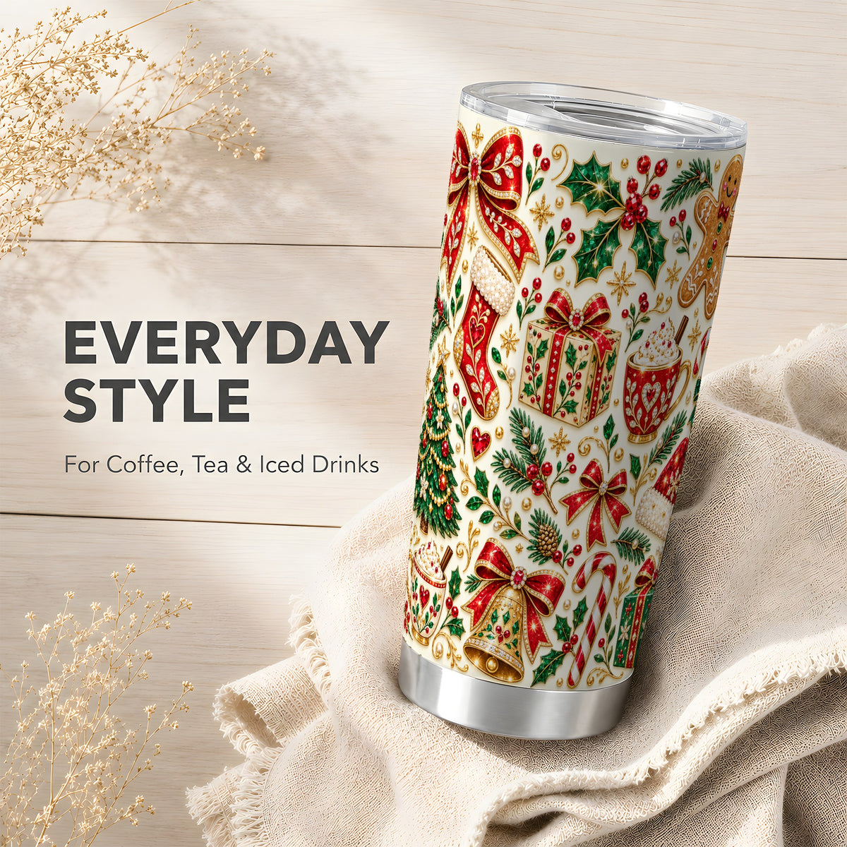 Jeweled Christmas Tumbler 20oz, Holiday Stainless Steel Travel Cup