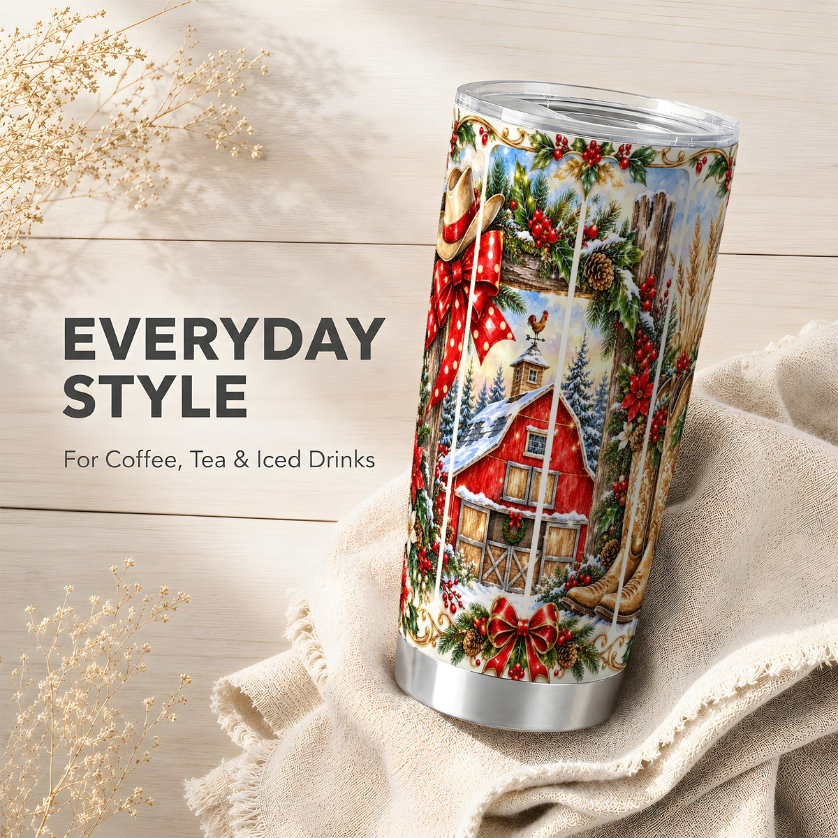 Western Christmas Tumbler 20oz, Ornate Stainless Steel Travel Cup