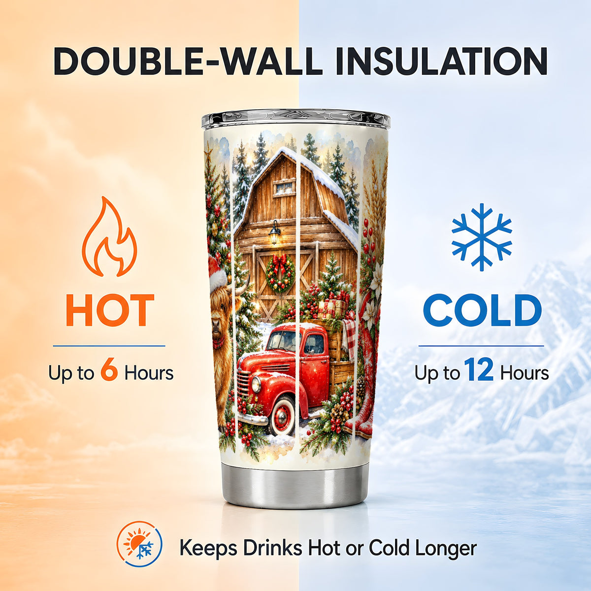 Highland Cow Christmas Tumbler 20oz, Farmhouse Stainless Steel Cup