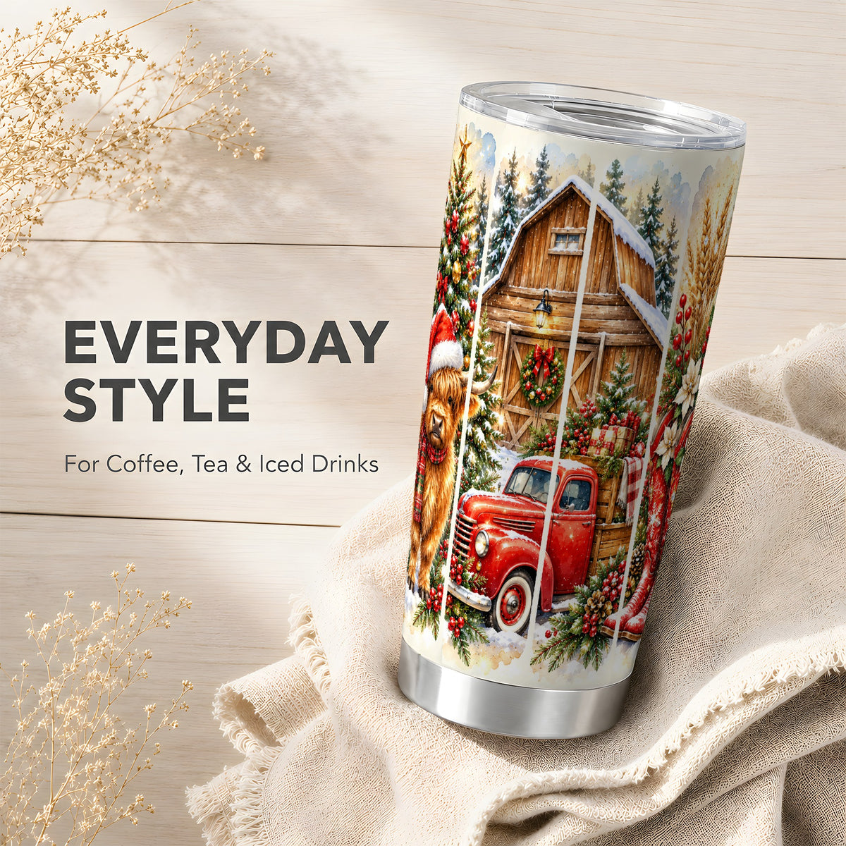 Highland Cow Christmas Tumbler 20oz, Farmhouse Stainless Steel Cup