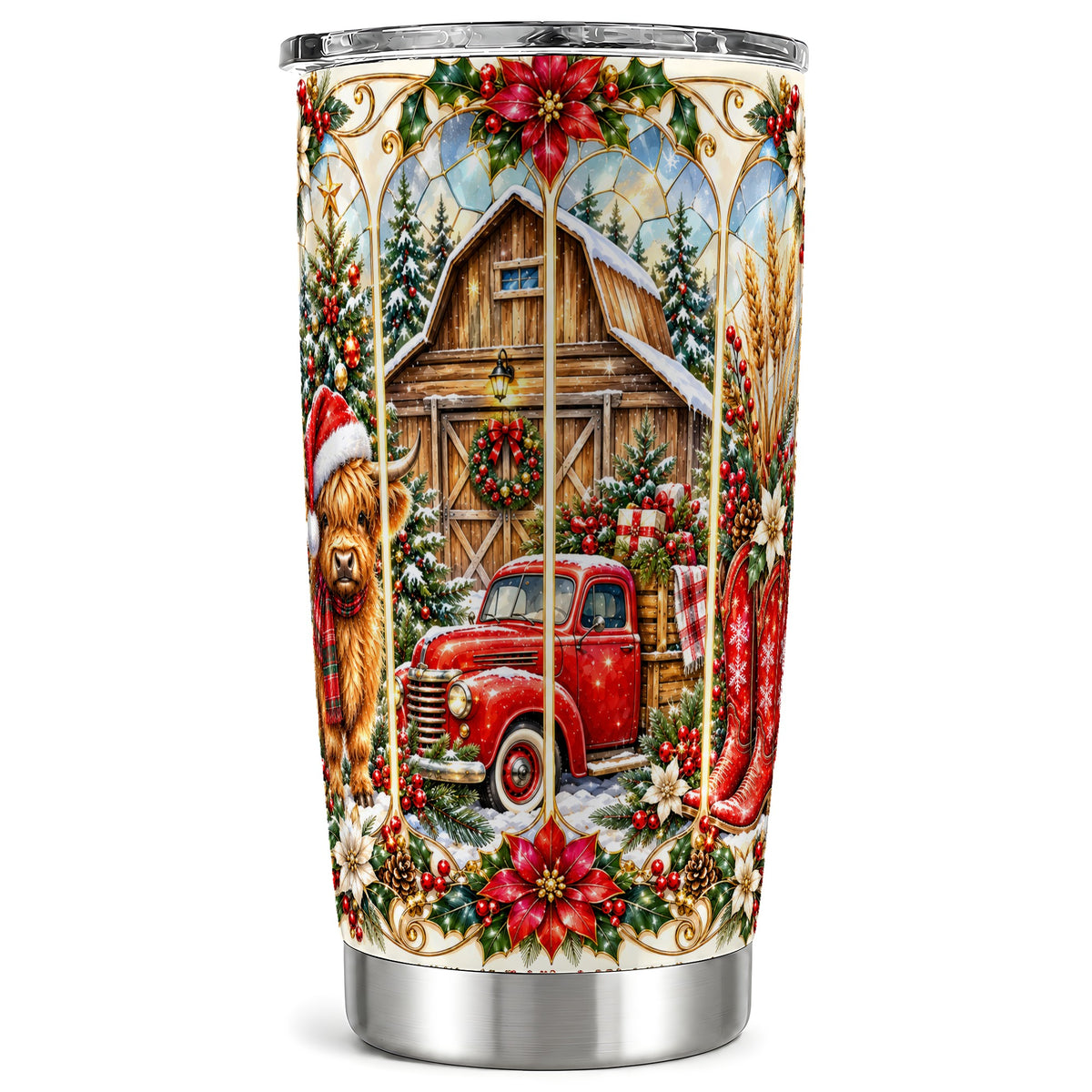 Highland Cow Christmas Tumbler 20oz, Ornate Stainless Steel Cup