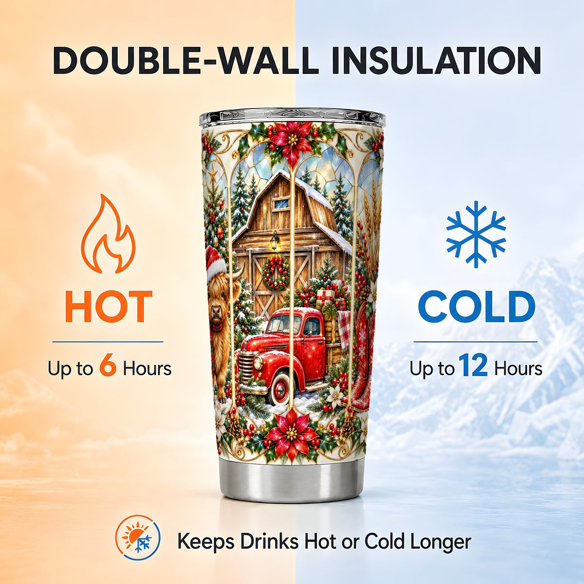 Highland Cow Christmas Tumbler 20oz, Ornate Stainless Steel Cup