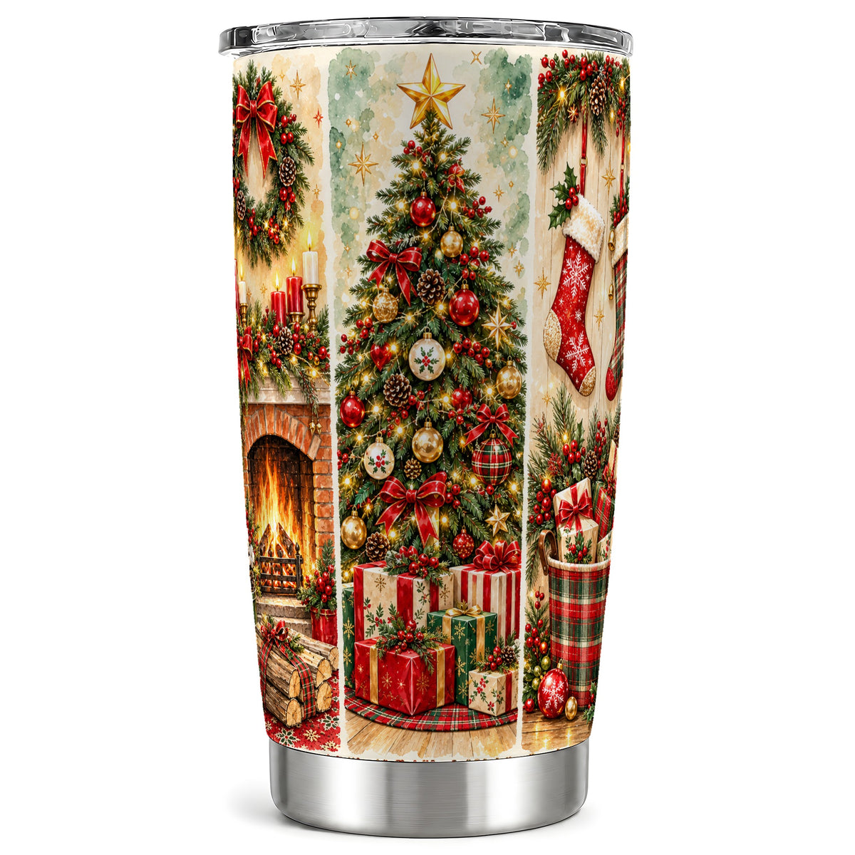Traditional Christmas Tumbler 20oz, Festive Stainless Steel Travel Cup