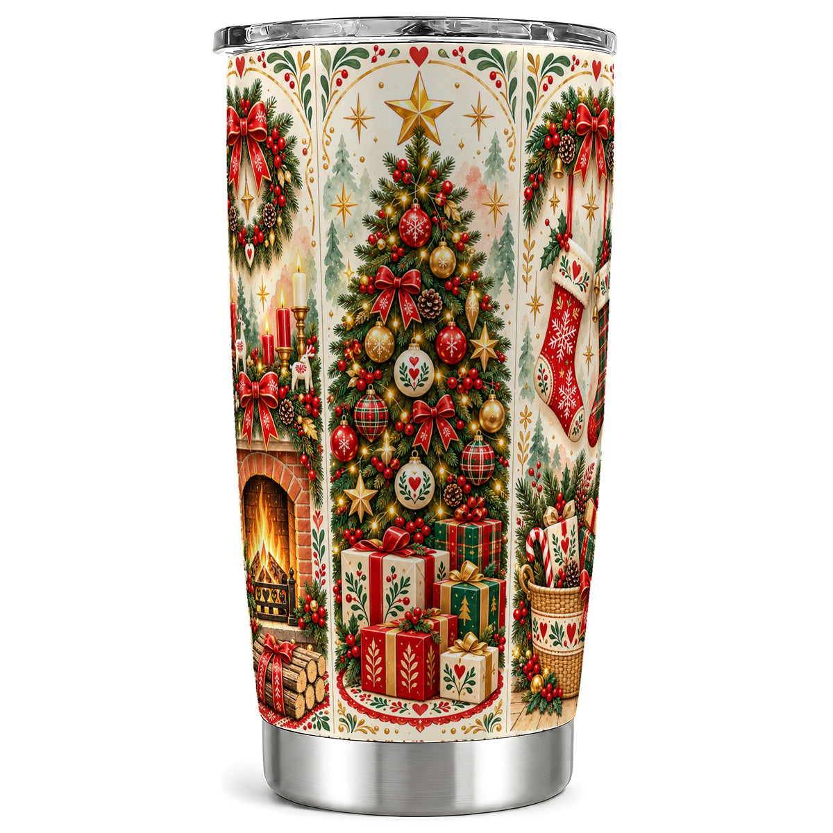 Christmas Folk Art Tumbler 20oz, Nordic Stainless Steel Travel Cup