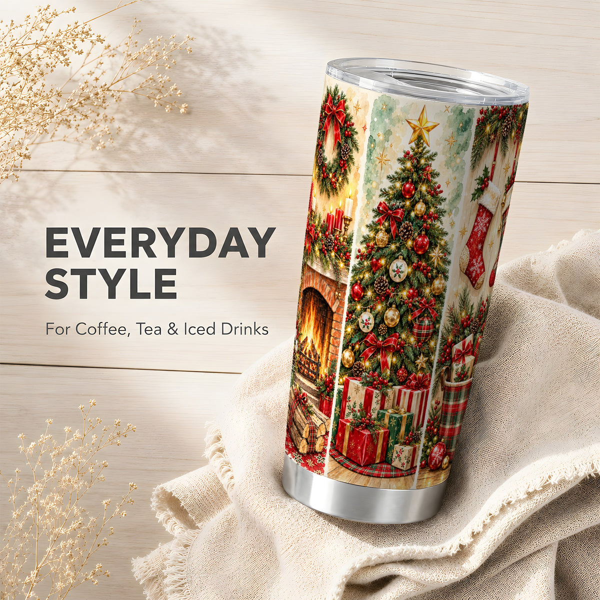 Traditional Christmas Tumbler 20oz, Festive Stainless Steel Travel Cup