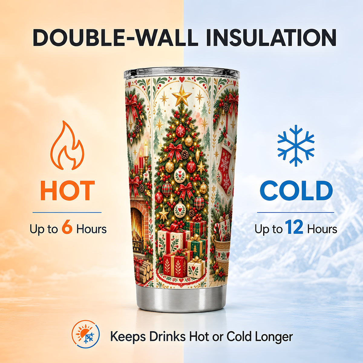 Christmas Folk Art Tumbler 20oz, Nordic Stainless Steel Travel Cup