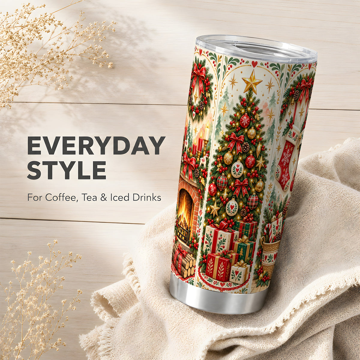 Christmas Folk Art Tumbler 20oz, Nordic Stainless Steel Travel Cup