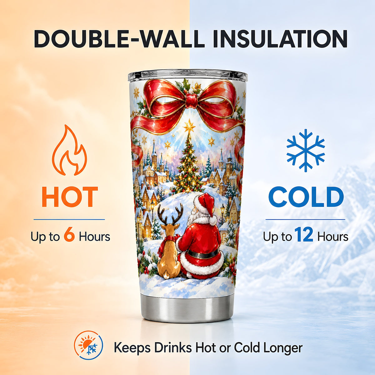 Santa Reindeer Tumbler 20oz, Christmas Stainless Steel Travel Cup