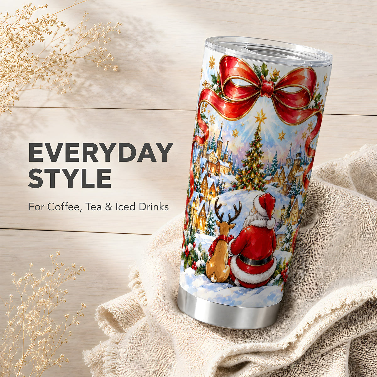 Santa Reindeer Tumbler 20oz, Christmas Stainless Steel Travel Cup