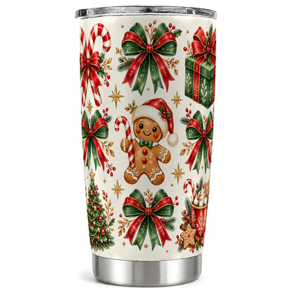 Christmas Bow Tumbler 20oz, Gingerbread Stainless Steel Travel Cup