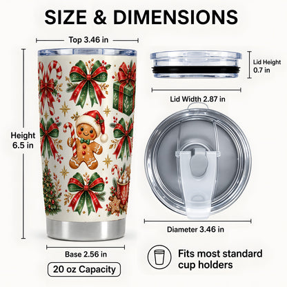 #pl[20oz|Steel] Christmas Bow Tumbler 20oz, Gingerbread Stainless Steel Travel Cup