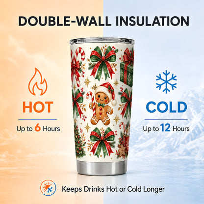 Christmas Bow Tumbler 20oz, Gingerbread Stainless Steel Travel Cup