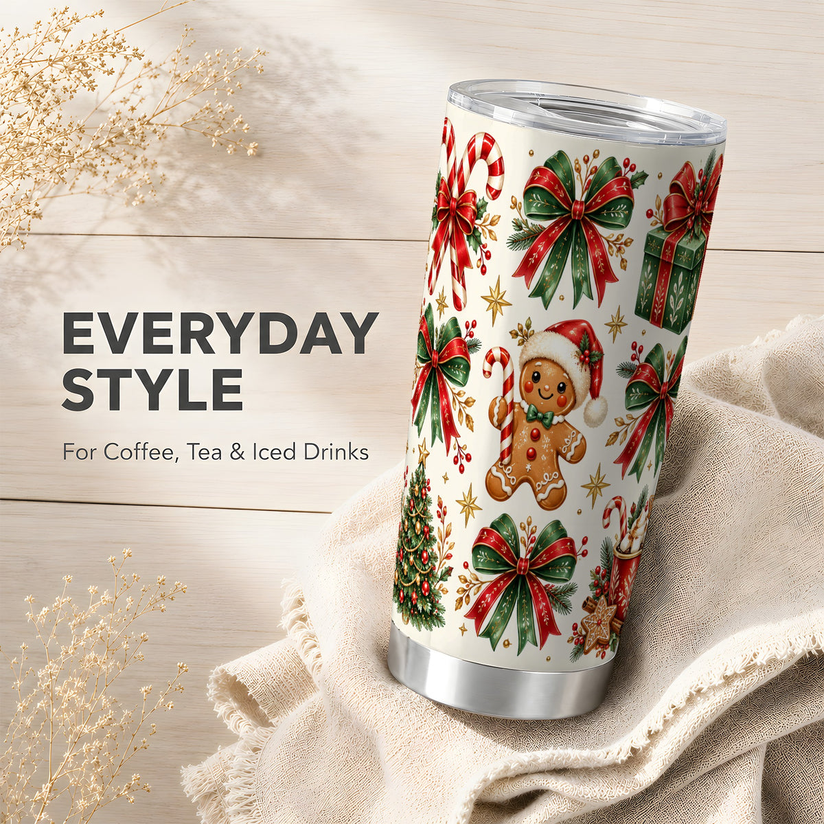 Christmas Bow Tumbler 20oz, Gingerbread Stainless Steel Travel Cup