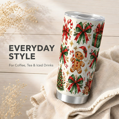 Christmas Bow Tumbler 20oz, Gingerbread Stainless Steel Travel Cup